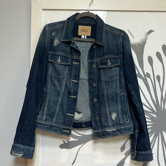 Paige Denim DISTRESSED Dark wash Jean jacket sz S - Picture 1 of 8